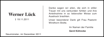 Traueranzeige von Werner Lück von Holsteinischer Courier