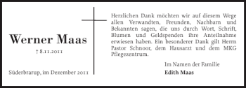 Traueranzeige von Werner Maas von Schleswiger Nachrichten