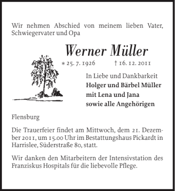 Traueranzeige von Werner Müller von Flensburger Tageblatt