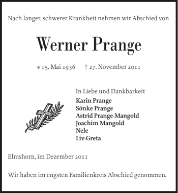 Traueranzeige von Werner Prange von Elmshorner Nachrichten