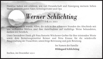 Traueranzeige von Werner Schlichting von Norddeutsche Rundschau