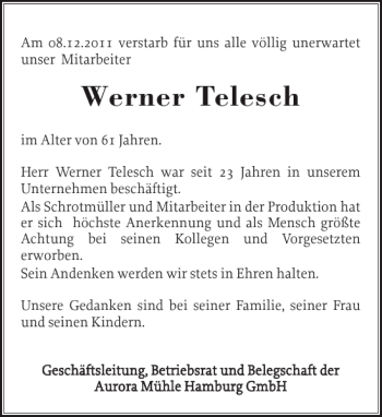 Traueranzeige von Werner Telesch von Stormarner Tageblatt
