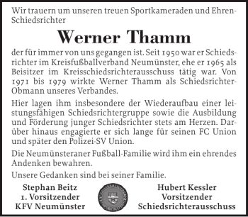 Traueranzeige von Werner Thamm von Holsteinischer Courier