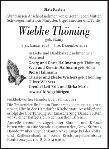 Traueranzeige von Wiebke Thöming von Landeszeitung