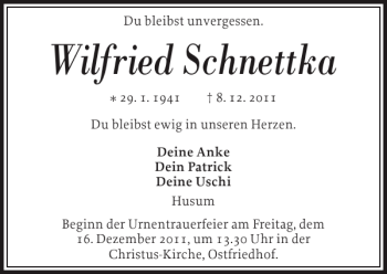 Traueranzeige von Wilfried Schnettka von Husumer Nachrichten