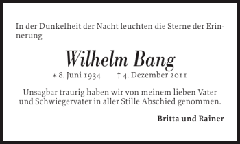 Traueranzeige von Wilhelm Bang von Flensburger Tageblatt