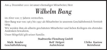 Traueranzeige von Wilhelm Bang von Flensburger Tageblatt
