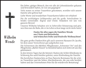 Traueranzeige von Wilhelm Wende von Flensburger Tageblatt