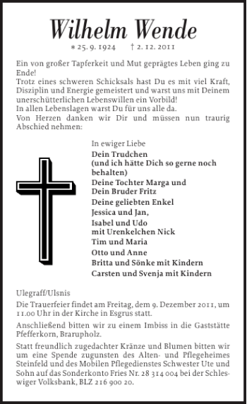 Traueranzeige von Wilhelm Wende von Flensburger Tageblatt