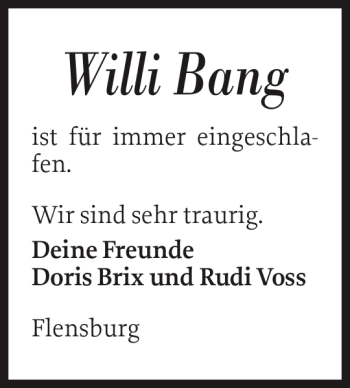 Traueranzeige von Willi Bang von Flensburger Tageblatt