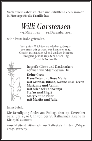 Traueranzeige von Willi Carstensen von Flensburger Tageblatt