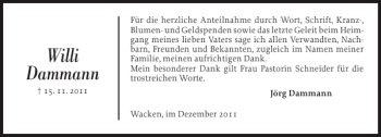 Traueranzeige von Willi Dammann von Norddeutsche Rundschau
