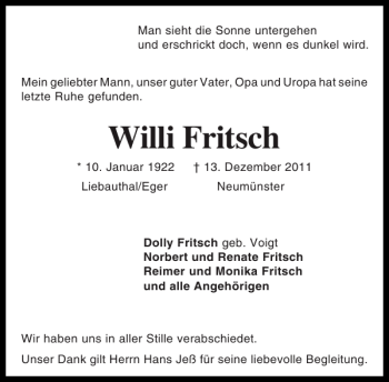 Traueranzeige von Willi Fritsch von Holsteinischer Courier