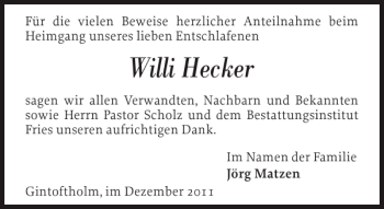 Traueranzeige von Willi Hecker von Flensburger Tageblatt