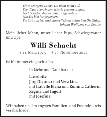 Traueranzeige von Willi Schacht von Stormarner Tageblatt