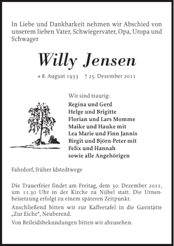 Traueranzeige von Willy Jensen von Schleswiger Nachrichten