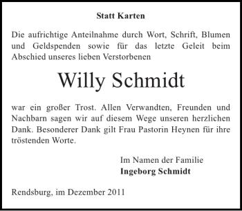 Traueranzeige von Willy Schmidt von Landeszeitung