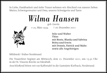 Traueranzeige von Wilma Hansen von Husumer Nachrichten