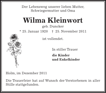 Traueranzeige von Wilma Kleinwort von Pinneberger Tageblatt