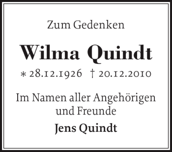 Traueranzeige von Wilma Quindt von Holsteinischer Courier