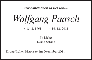 Traueranzeige von Wolfgang Paasch von Landeszeitung