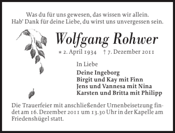 Traueranzeige von Wolfgang Rohwer von Flensburger Tageblatt