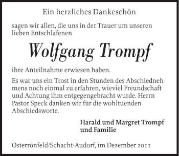Traueranzeige von Wolfgang Trompf von Landeszeitung