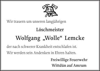 Traueranzeige von Wolfgang Wolle Lemcke von Der Insel-Bote