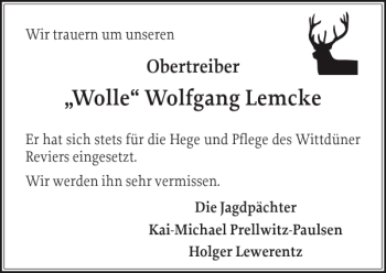 Traueranzeige von Wolle Wolfgang Lemcke von Der Insel-Bote
