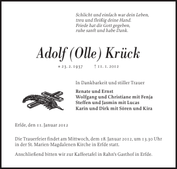 Traueranzeige von Adolf Olle Krück von Landeszeitung