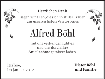 Traueranzeige von Alfred Böhl von Norddeutsche Rundschau