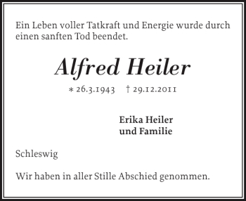 Traueranzeige von Alfred Heiler von Schleswiger Nachrichten