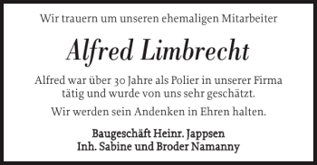 Traueranzeige von Alfred Limbrecht von Nordfriesland Tageblatt