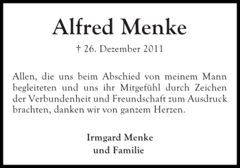 Traueranzeige von Alfred Menke von Ostholsteiner Anzeiger