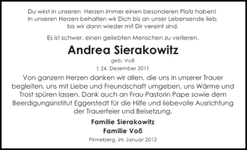 Traueranzeige von Andrea Sierakowitz von Pinneberger Tageblatt
