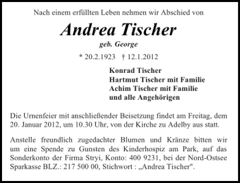Traueranzeige von Andrea Tischer von Flensburger Tageblatt