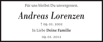 Traueranzeige von Andreas Lorenzen von Flensburger Tageblatt