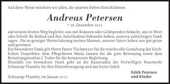 Traueranzeige von Andreas Petersen von Flensburger Tageblatt