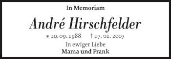 Traueranzeige von André Hirschfelder von Flensburger Tageblatt