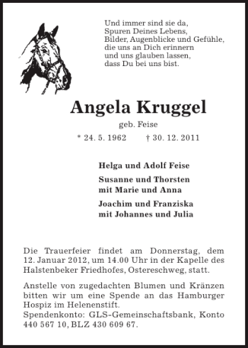 Traueranzeige von Angela Kruggel von Pinneberger Tageblatt