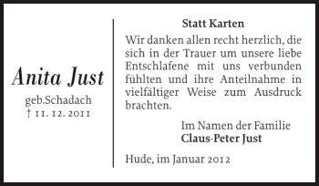 Traueranzeige von Anita Just von Husumer Nachrichten
