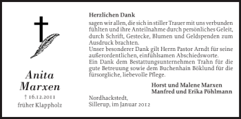 Traueranzeige von Anita Marxen von Flensburger Tageblatt