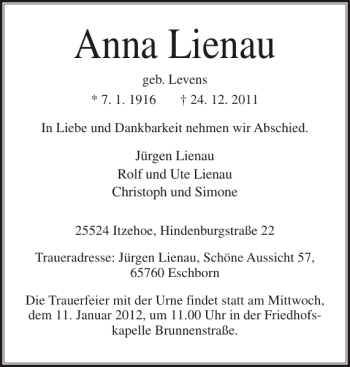 Traueranzeige von Anna Lienau von Norddeutsche Rundschau