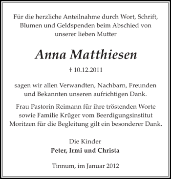 Traueranzeige von Anna Matthiesen von Sylter Rundschau