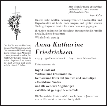 Traueranzeige von Anna Katharine Friedrichsen von Eckernförder Zeitung