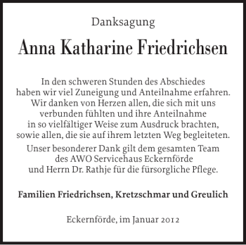 Traueranzeige von Anna Katharine Friedrichsen von Eckernförder Zeitung
