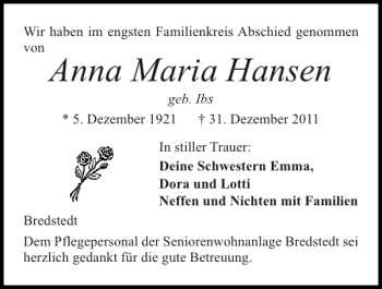Traueranzeige von Anna Maria Hansen von Husumer Nachrichten