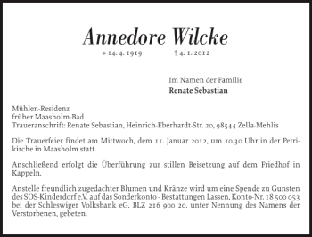 Traueranzeige von Annedore Wilcke von Schlei-Bote