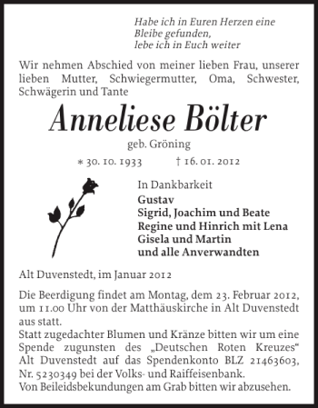 Traueranzeige von Anneliese Bölter von Landeszeitung