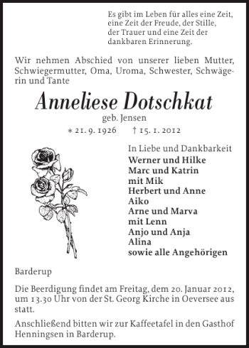 Traueranzeige von Anneliese Dotschkat von Flensburger Tageblatt